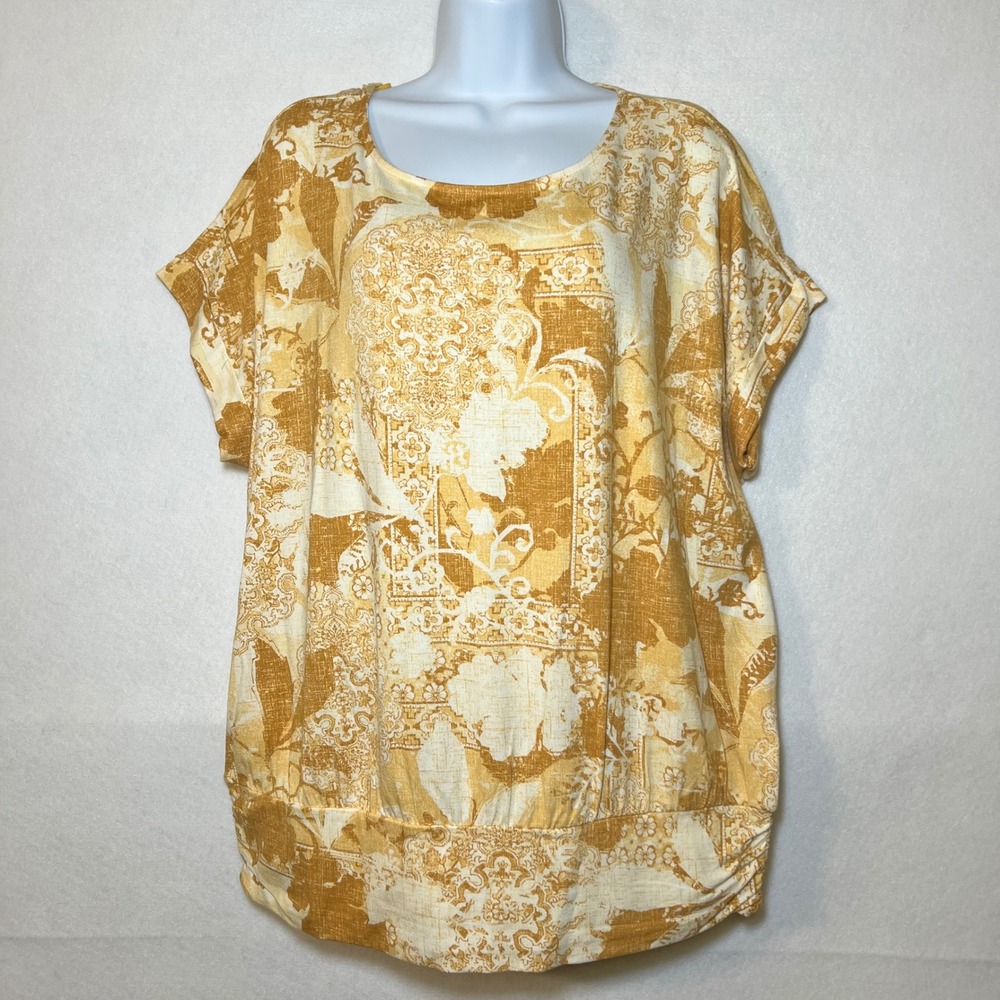 Wonderly Plus Moody Marigold Yellow Floral Paisley Boho Chic Toile Top Women 1X